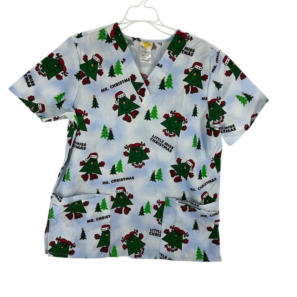 Mr. Men & Little Miss Christmas Scrub Top Unisex Size Medium White Patterned